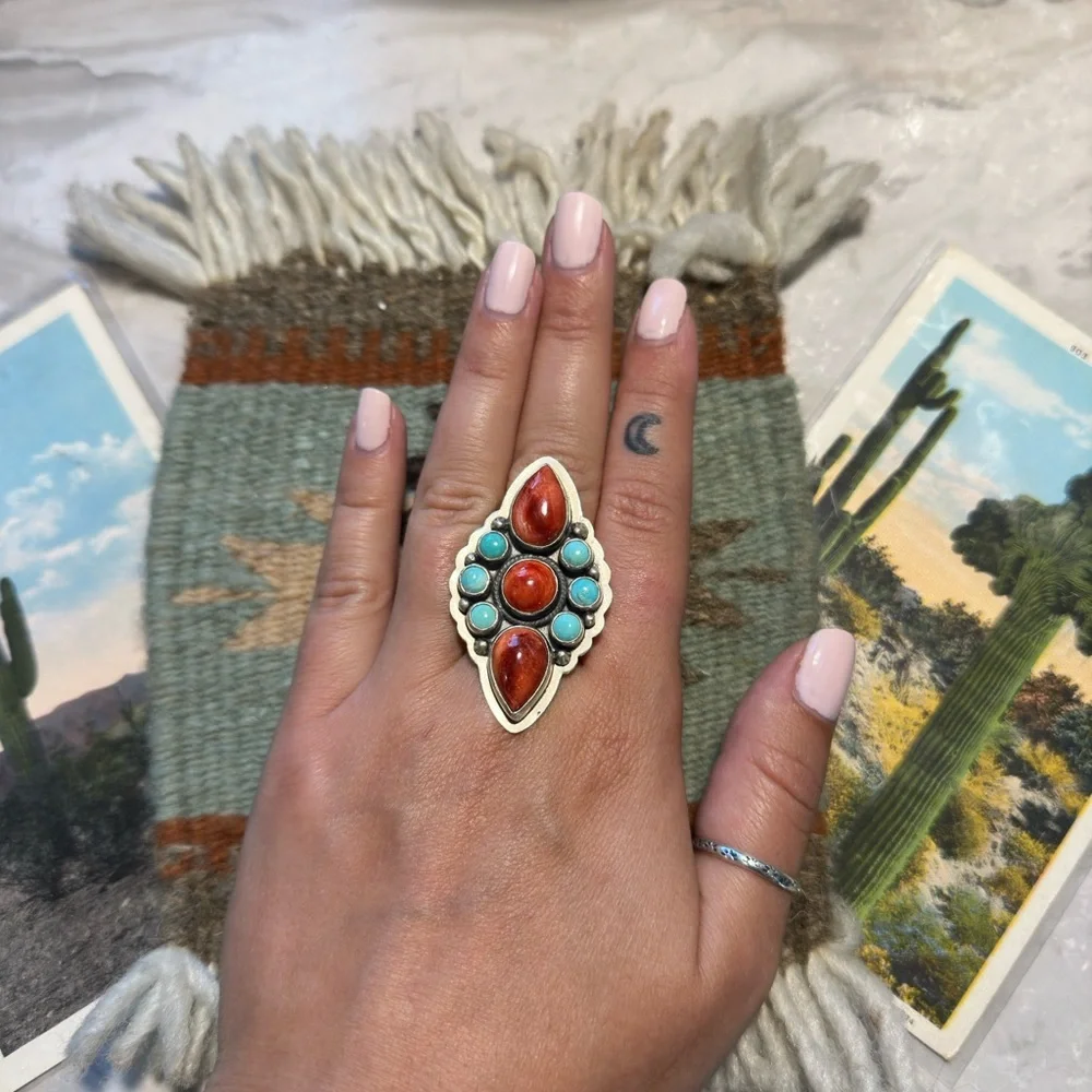 Sterling Silver Red Spiny and Turquoise Ring - Picture 2 of 5